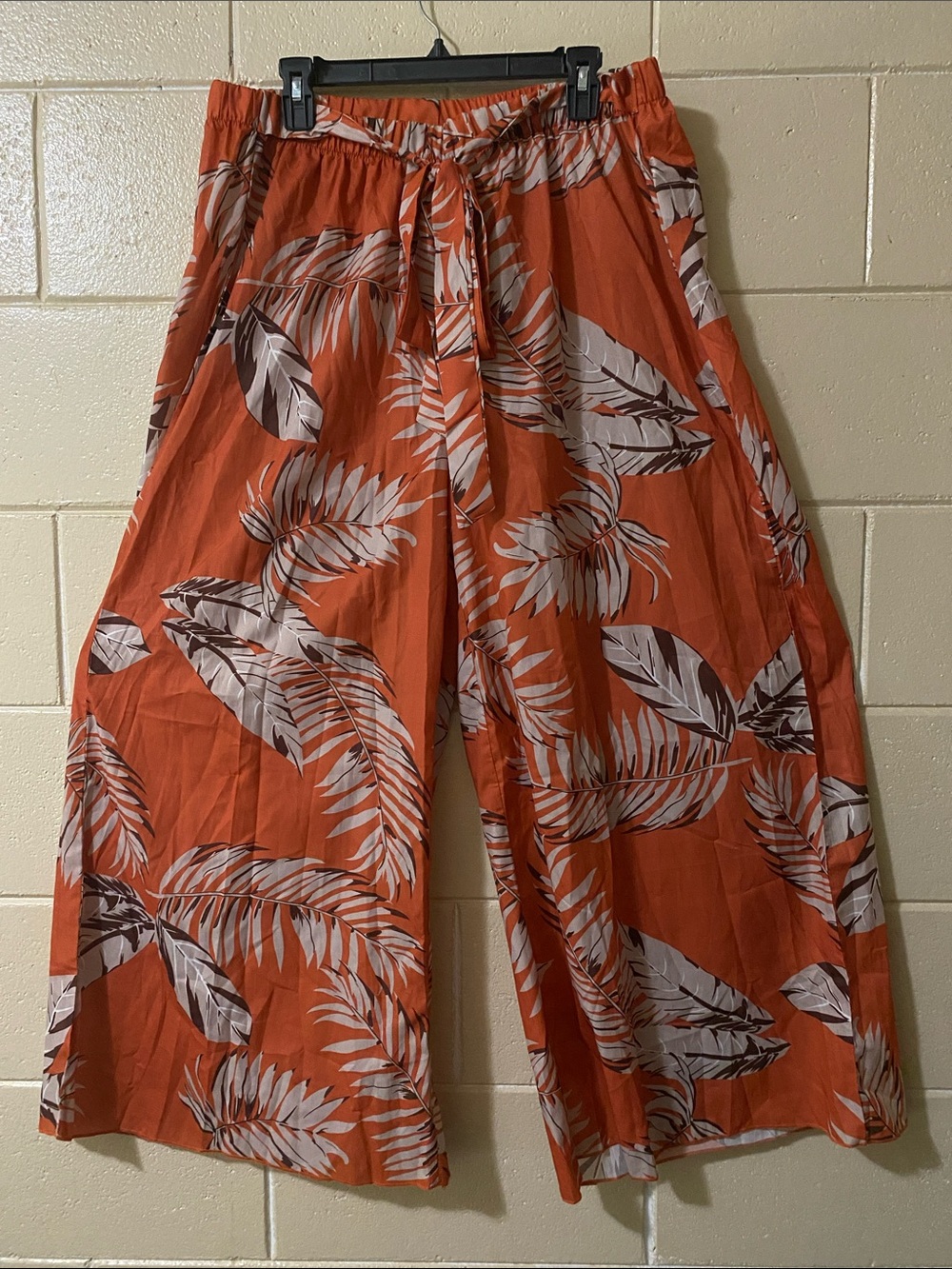 SHEIN Orange Tropical Print Wide-Leg Tie-Waist Pants